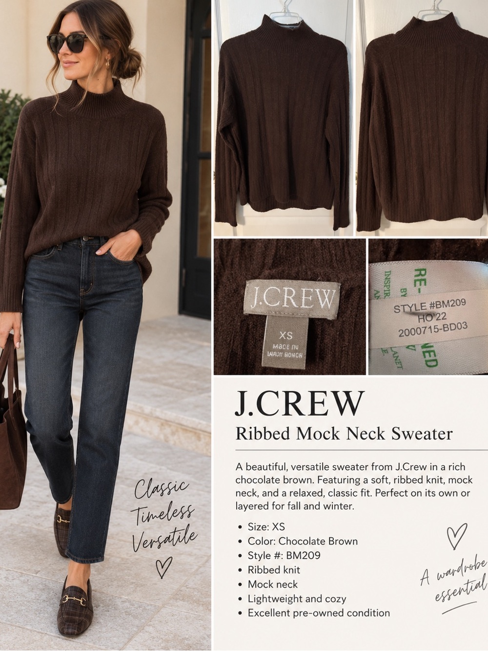 J. Crew Chocolate Brown Ribbed Mock Neck Sweater